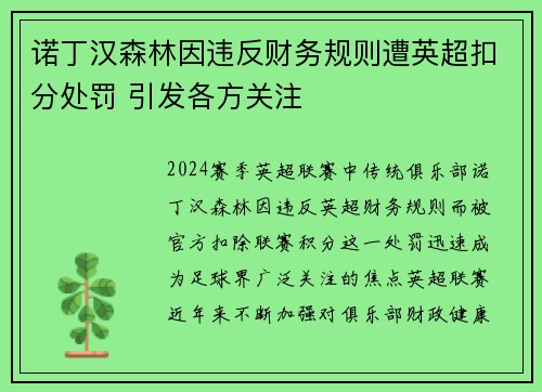 诺丁汉森林因违反财务规则遭英超扣分处罚 引发各方关注